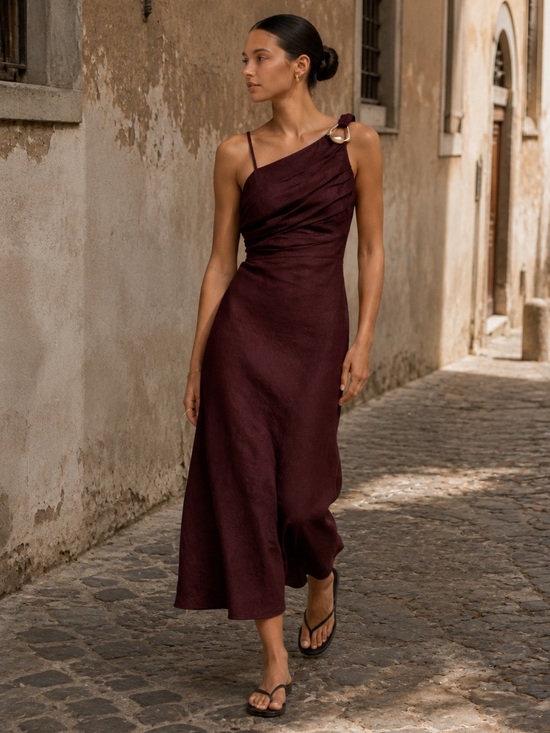 Zara Dresses & Skirts - Zara Linen Asymmetric Midi Dress Burgundy Gold Detail Size S NWT